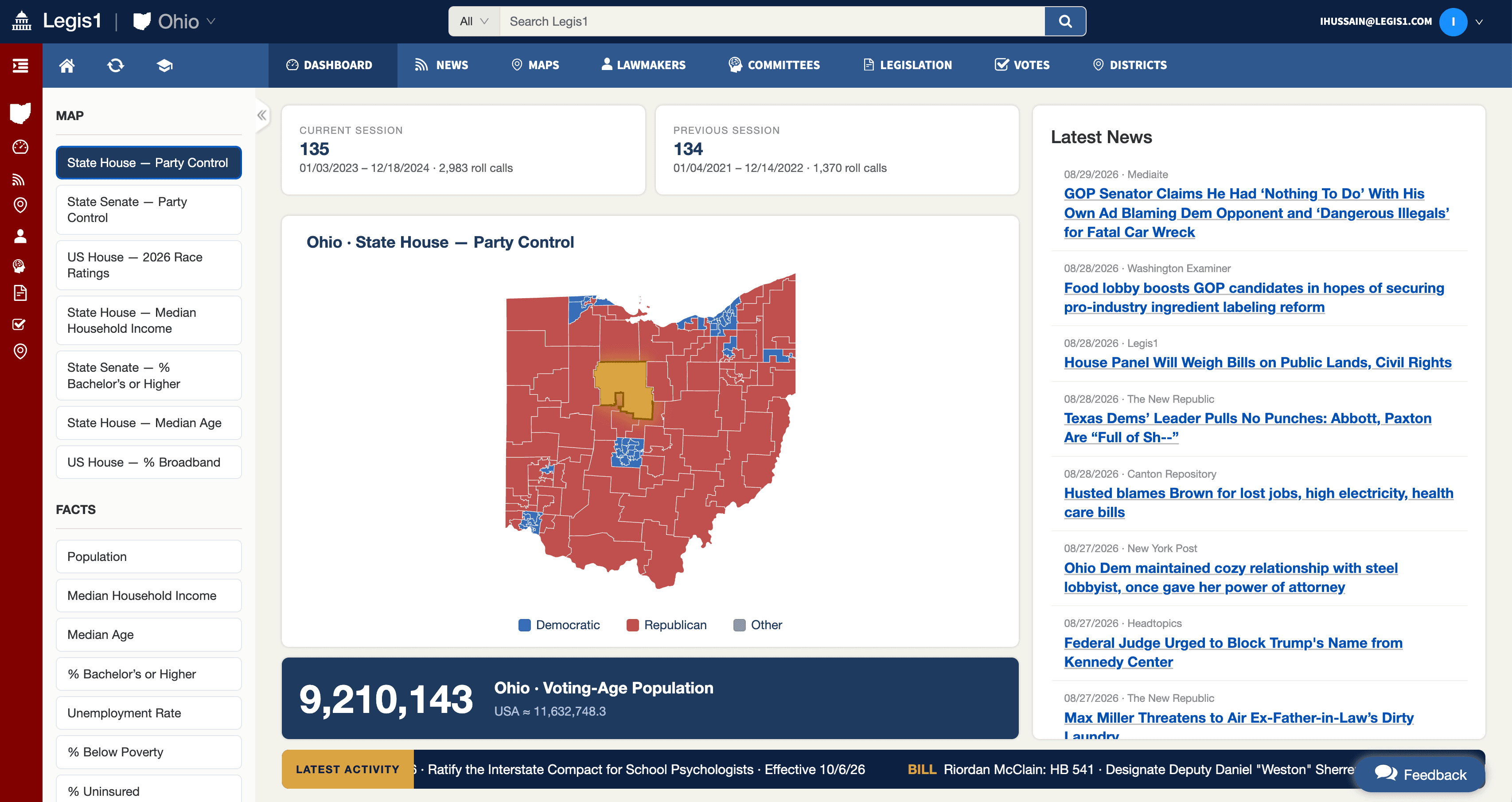 Legis1 state legislature dashboard for Ohio, showing State House party control by district, session roll-call counts, voting-age population, and latest news and chamber activity